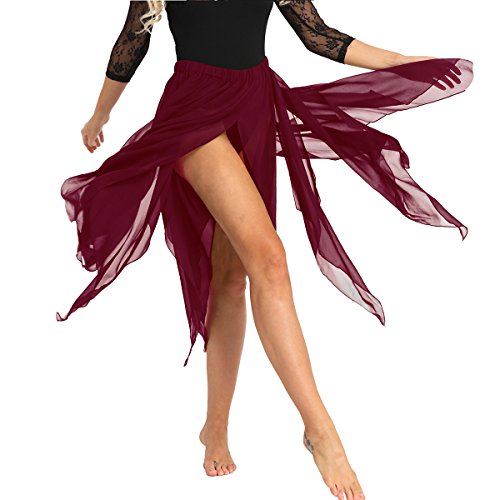 ranrann Asimétrica Falda de Ballet para Mujer Irregular Chifón Vestido de Danza del Vientre Cintura Elástica Falda de Latín Tango Flamenco Dancewear Vino Rojo One_Size