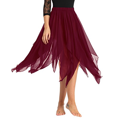 ranrann Asimétrica Falda de Ballet para Mujer Irregular Chifón Vestido de Danza del Vientre Cintura Elástica Falda de Latín Tango Flamenco Dancewear Vino Rojo One_Size