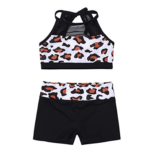 ranrann Conjunto de Danza para Niña Maillot de Ballet Estampado Leopardo Ropa Deportiva de Yoga Fitness Tankini 2Pcs Crop Top Halter +Shorts Traje de Baño Marrón 6 Años