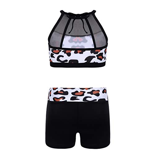 ranrann Conjunto de Danza para Niña Maillot de Ballet Estampado Leopardo Ropa Deportiva de Yoga Fitness Tankini 2Pcs Crop Top Halter +Shorts Traje de Baño Marrón 6 Años