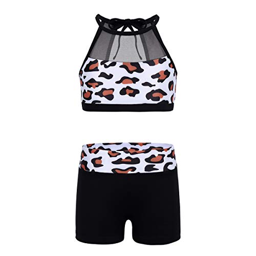 ranrann Conjunto de Danza para Niña Maillot de Ballet Estampado Leopardo Ropa Deportiva de Yoga Fitness Tankini 2Pcs Crop Top Halter +Shorts Traje de Baño Marrón 6 Años