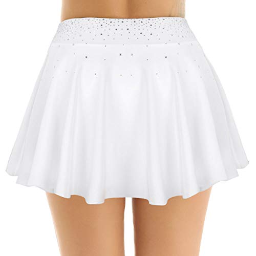 ranrann Falda de Danza Ballet para Mujer Falda Corta de Patinaje Artístico Cintura Alta Falda con Volantes Diamantes Vestido Baile Gimnasia Rítmica Blanco Medium