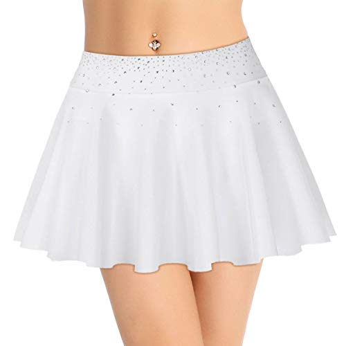 ranrann Falda de Danza Ballet para Mujer Falda Corta de Patinaje Artístico Cintura Alta Falda con Volantes Diamantes Vestido Baile Gimnasia Rítmica Blanco Medium