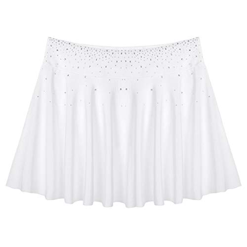 ranrann Falda de Danza Ballet para Mujer Falda Corta de Patinaje Artístico Cintura Alta Falda con Volantes Diamantes Vestido Baile Gimnasia Rítmica Blanco Medium