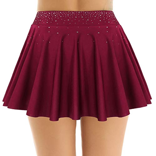 ranrann Falda de Danza Ballet para Mujer Falda Corta de Patinaje Artístico Cintura Alta Falda con Volantes Diamantes Vestido Baile Gimnasia Rítmica Vino Rojo Small