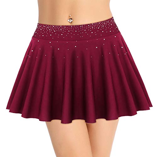 ranrann Falda de Danza Ballet para Mujer Falda Corta de Patinaje Artístico Cintura Alta Falda con Volantes Diamantes Vestido Baile Gimnasia Rítmica Vino Rojo Small