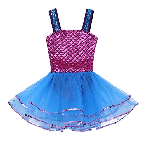 ranrann Maillot de Ballet Lentejuelas para Niña Disfraz de Sirena Vestido de Danza Clásica Vestido Princesa Falda Tutú Costume Traje de Actuación Fiesta Azul 4 Años