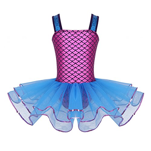 ranrann Maillot de Ballet Lentejuelas para Niña Disfraz de Sirena Vestido de Danza Clásica Vestido Princesa Falda Tutú Costume Traje de Actuación Fiesta Azul 4 Años