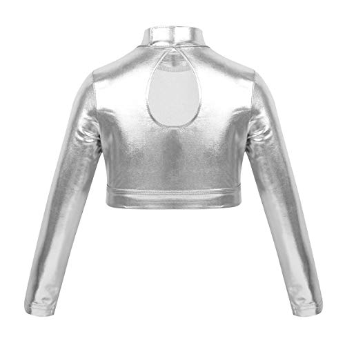 ranrann Top de Danza Ballet Manga Larga para Niña Maillot de Charol Brillante Leotardo de Gimnasia Rítmica Camiseta Deportiva Patinaje Fitness Plateado 14 Años