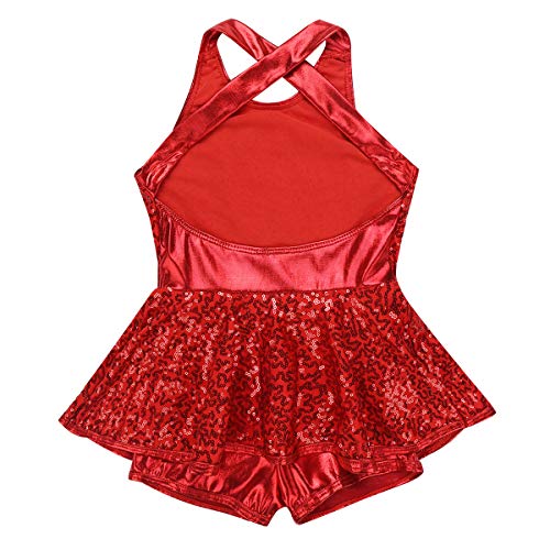 ranrann Vestido de Baile Moderno Jazz Lentejuelas para Niña Maillot de Danza Ballet con Falda Mono Correas Cruzadas Leotardo de Gimnasia Patinaje Rojo 10 Años