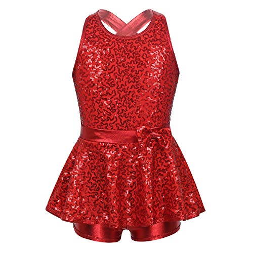 ranrann Vestido de Baile Moderno Jazz Lentejuelas para Niña Maillot de Danza Ballet con Falda Mono Correas Cruzadas Leotardo de Gimnasia Patinaje Rojo 10 Años