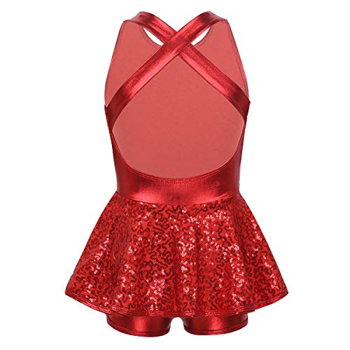 ranrann Vestido de Baile Moderno Jazz Lentejuelas para Niña Maillot de Danza Ballet con Falda Mono Correas Cruzadas Leotardo de Gimnasia Patinaje Rojo 10 Años