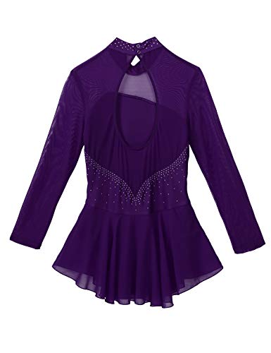 ranrann Vestido de Patinaje Artístico Diamantes para Mujer Maillot de Ballet Manga Larga Leotardo de Gimnasia Rítmica con Falda Traje Bailarina Morado S