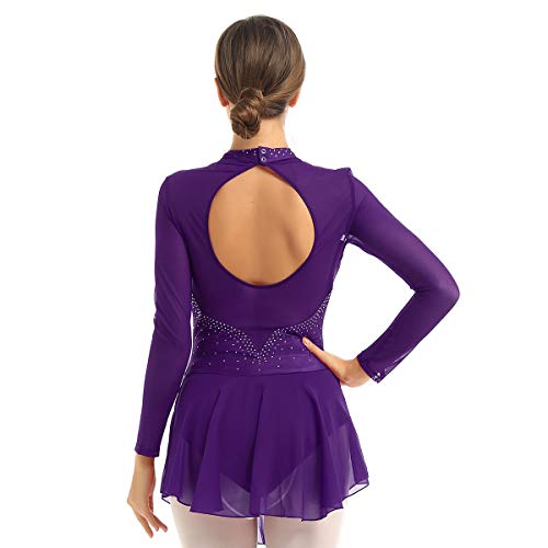 ranrann Vestido de Patinaje Artístico Diamantes para Mujer Maillot de Ballet Manga Larga Leotardo de Gimnasia Rítmica con Falda Traje Bailarina Morado S