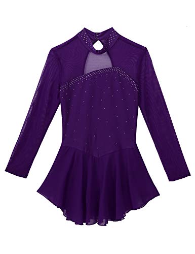 ranrann Vestido de Patinaje Artístico Diamantes para Mujer Maillot de Ballet Manga Larga Leotardo de Gimnasia Rítmica con Falda Traje Bailarina Morado S