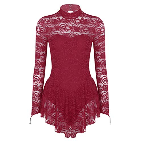 ranrann Vestido de Patinaje Artístico Encaje para Mujer Manga Larga Maillot de Ballet Gimnasia Rítmica con Falda Disfraz de Bailarina Leotardo Body de Danza Vino Rojo Medium