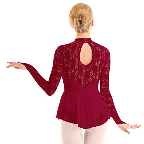 ranrann Vestido de Patinaje Artístico Encaje para Mujer Manga Larga Maillot de Ballet Gimnasia Rítmica con Falda Disfraz de Bailarina Leotardo Body de Danza Vino Rojo Medium