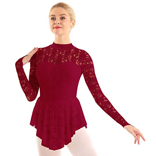 ranrann Vestido de Patinaje Artístico Encaje para Mujer Manga Larga Maillot de Ballet Gimnasia Rítmica con Falda Disfraz de Bailarina Leotardo Body de Danza Vino Rojo Medium