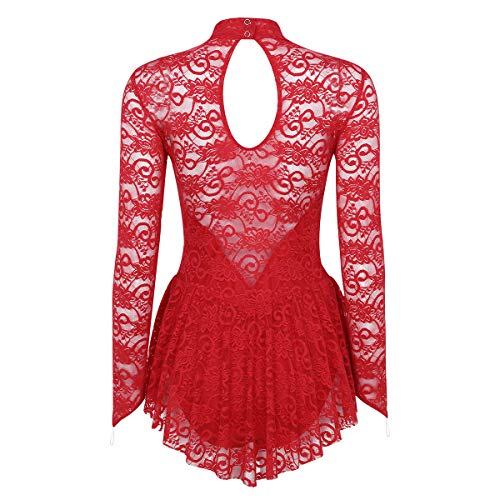 ranrann Vestido de Patinaje Artístico Encaje para Mujer Manga Larga Maillot de Ballet Gimnasia Rítmica con Falda Disfraz de Bailarina Leotardo Body de Danza Rojo Large