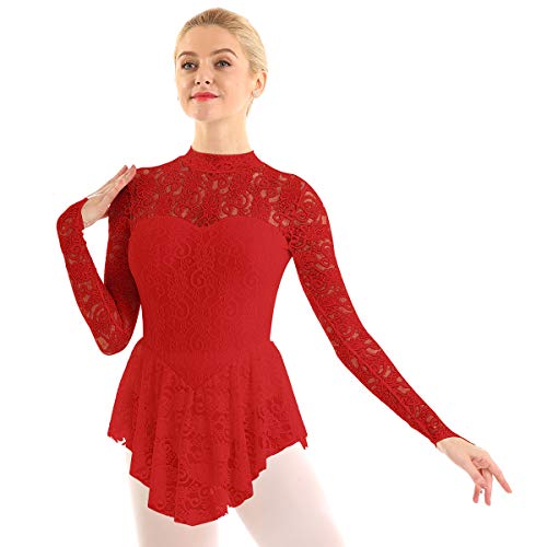 ranrann Vestido de Patinaje Artístico Encaje para Mujer Manga Larga Maillot de Ballet Gimnasia Rítmica con Falda Disfraz de Bailarina Leotardo Body de Danza Rojo Large