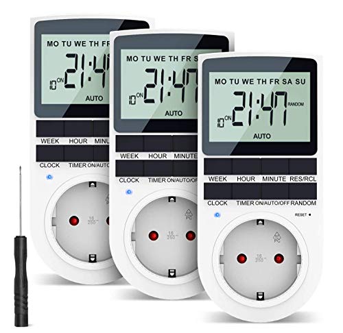 RATEL Temporizador Digital Programable, Enchufe Programador con Herramienta de reinicio y Modo Aleatorio Pantalla LCD Grande 12/24 Horas, Diario/Semanal Ahorrar Energía y Dinero (3 Piezas) RATEL Temporizador Digital Programable, Enchufe Programador con Herramienta de reinicio y Modo Aleatorio Pantalla LCD Grande 12/24 Horas, Diario/Semanal Ahorrar Energía y Dinero (3 Piezas)