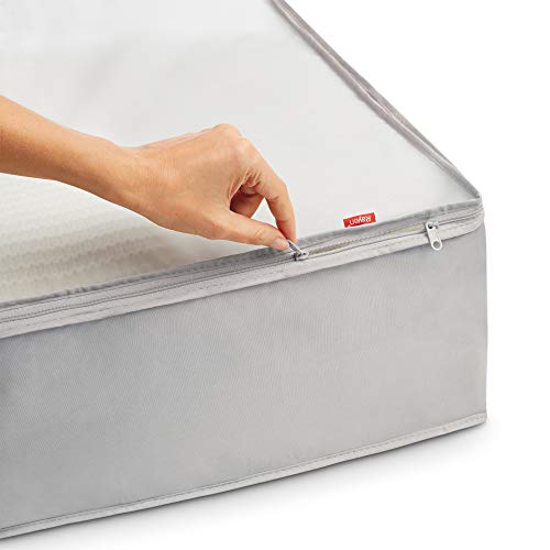 Rayen - Caja de almacenaje de ropa y mantas de cama. Bolsa de tela para ropa con cremallera, rejilla transpirable, plegable y resistente. 55 x 65 x 20 cm. Gris Claro/Translúcido