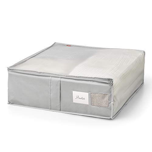 Rayen - Caja de almacenaje de ropa y mantas de cama. Bolsa de tela para ropa con cremallera, rejilla transpirable, plegable y resistente. 55 x 65 x 20 cm. Gris Claro/Translúcido