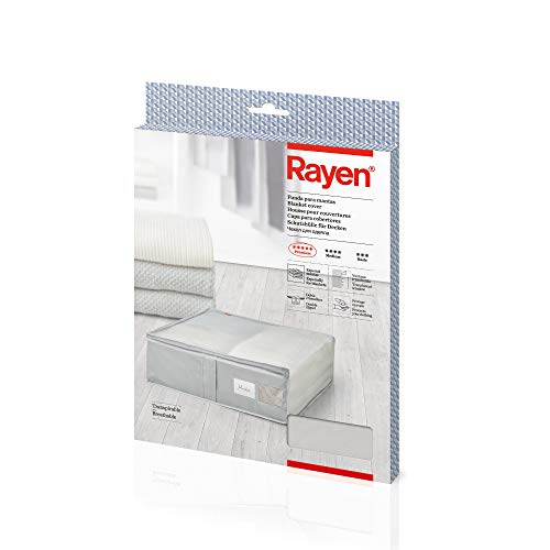 Rayen - Caja de almacenaje de ropa y mantas de cama. Bolsa de tela para ropa con cremallera, rejilla transpirable, plegable y resistente. 55 x 65 x 20 cm. Gris Claro/Translúcido