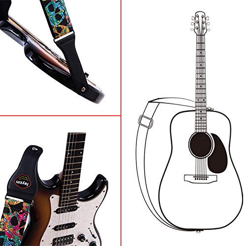 Rayzm Correa de la Guitarra y Bajo, Correa Grande de Algodón para Guitarra Acústica/Eléctrica/bajo con Bolsillo para Púa y Diseño de Calaveras, 6,5cm de Ancho, Longitud Ajustable de 97 a 154cm.