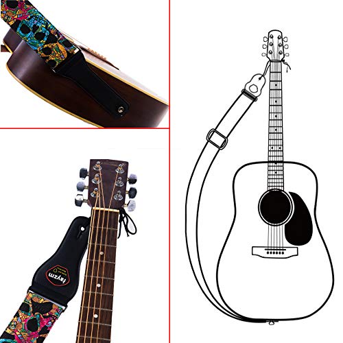 Rayzm Correa de la Guitarra y Bajo, Correa Grande de Algodón para Guitarra Acústica/Eléctrica/bajo con Bolsillo para Púa y Diseño de Calaveras, 6,5cm de Ancho, Longitud Ajustable de 97 a 154cm.