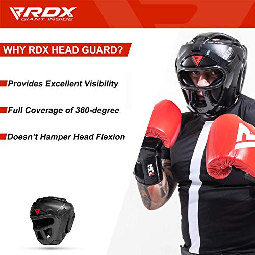 RDX Casco Protector Boxeo Entrenamiento MMA Fighting Headgear | Protector de Cara y Orejas de Muay Thai de Piel de Piel de convección Negro Mate | Ideal para Artes Marciales