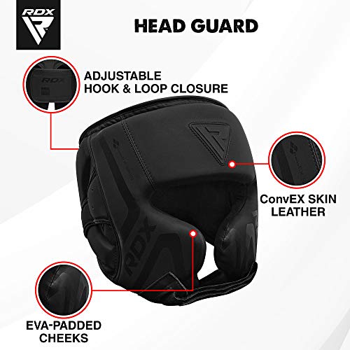 RDX Casco Protector Boxeo Entrenamiento MMA Fighting Headgear | Protector de Cara y Orejas de Muay Thai de Piel de Piel de convección Negro Mate | Ideal para Artes Marciales