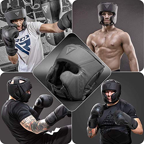 RDX Casco Protector Boxeo Entrenamiento MMA Fighting Headgear | Protector de Cara y Orejas de Muay Thai de Piel de Piel de convección Negro Mate | Ideal para Artes Marciales