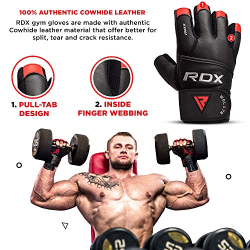 RDX Guantes Gimnasio Cuero con Muñequera Fitness Musculacion Culturismo Gym Levantamiento