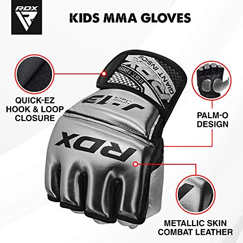 RDX Niño Guantes MMA para Artes Marciales Entrenamiento | Junior Metallic Cuero Grappling Guantillas | Bueno para Kids Sparring, Kickboxing, Lucha Libre, Muay Thai y Combate Training