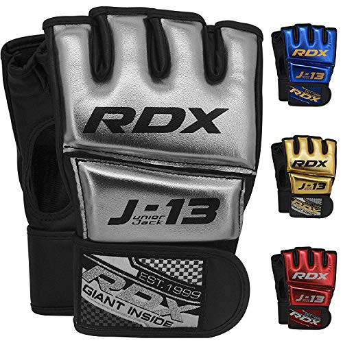 RDX Niño Guantes MMA para Artes Marciales Entrenamiento | Junior Metallic Cuero Grappling Guantillas | Bueno para Kids Sparring, Kickboxing, Lucha Libre, Muay Thai y Combate Training