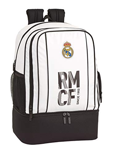 Real Madrid CF Bolsa de Deporte, Mochila con zapatillero Equipaje para niños, Blanco, 50 cm