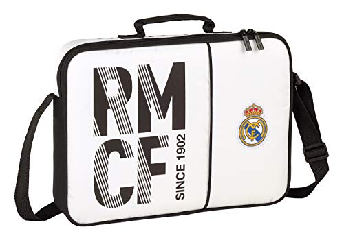 Real Madrid CF Bolso maletín Cartera extraescolares niño. Accesorio de Viaje-Etiquetas de Equipaje, Niños, Blanca/Negra, 38 cm