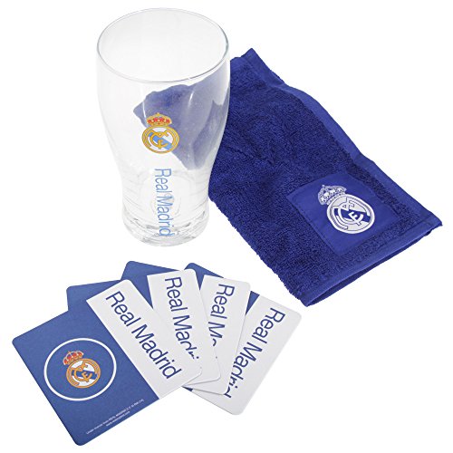 Real Madrid CF Official - Set de mini bar (Vaso de cerveza, paño y posavasos) (Talla Única) (Azul/Blanco/Transparente)