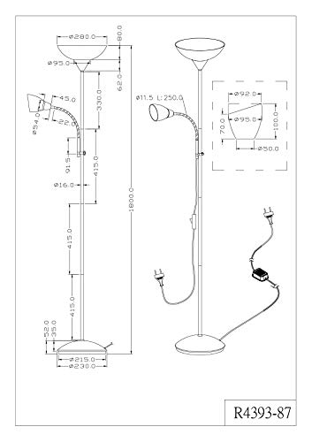 Reality Erzwo - Lámpara de pie con interruptor de cable y pie. Necesarias bombilla superior E27 de máximo 150 W y bombilla en lector E14 de máximo 40W excluidas, atenuación, metal