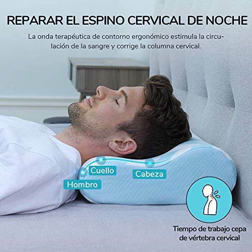 RECCI Almohada Cervical (60cmx36cm),100% Espuma de Memoria Almohada Soporte Para el Cuello,Almohada Contorno Diseño Ergonómico Reduce Dolores Cervicales, Funda de Almohada de Bambú Extraíble y Lavable