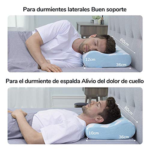 RECCI Almohada Cervical (60cmx36cm),100% Espuma de Memoria Almohada Soporte Para el Cuello,Almohada Contorno Diseño Ergonómico Reduce Dolores Cervicales, Funda de Almohada de Bambú Extraíble y Lavable