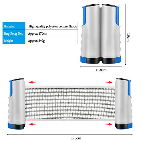 Red de Tenis de Mesa, Repuesto Portátil Retráctil Table Tennis Net - Ping Pong Net para Entrenamiento Abrazaderas, Longitud ajustable 200 (max) x 14.5cm