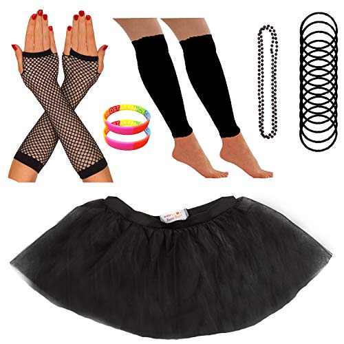 Redstar Fancy Dress - Pack de Fiesta - Tutú, Calentadores, Guantes, Collar, brazaletes de Goma y Pulseras - Neón - Negro - 78 - 98 cm