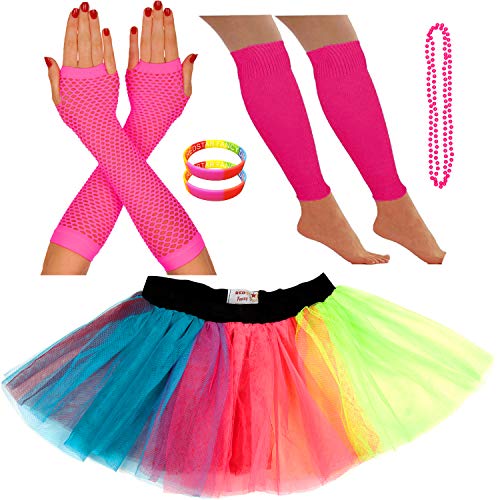 Redstar Fancy Dress® - Pack de Fiesta - Tutú, Calentadores, Guantes, Collar y brazaletes - Neón - Multicolor - 78 - 98 cm