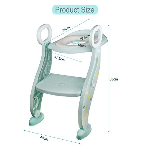 Reductor WC niños Aseo Asiento con Escalera, Escalera wc, 2 Escalones y Agarraderas Grandes, Asiento de Entrenamiento de Inodoro Ajustable y Plegable, Verde