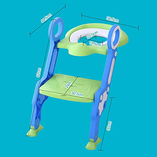 Reductor WC niños Aseo Asiento con Escalera, Orinales para niños, 2 Escalones y Agarraderas Grandes, Asiento de Entrenamiento de Inodoro Ajustable y Plegable, Azul + Verde