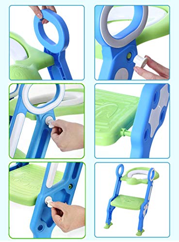 Reductor WC niños Aseo Asiento con Escalera, Orinales para niños, 2 Escalones y Agarraderas Grandes, Asiento de Entrenamiento de Inodoro Ajustable y Plegable, Azul + Verde