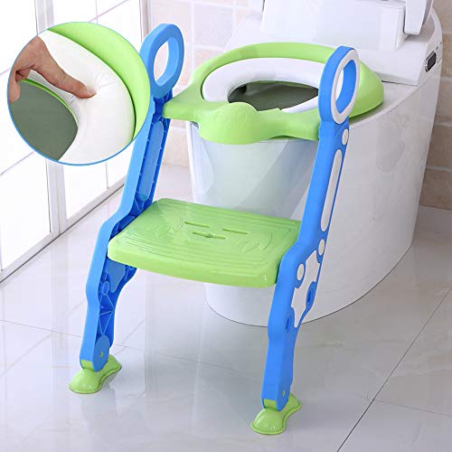 Reductor WC niños Aseo Asiento con Escalera, Orinales para niños, 2 Escalones y Agarraderas Grandes, Asiento de Entrenamiento de Inodoro Ajustable y Plegable, Azul + Verde