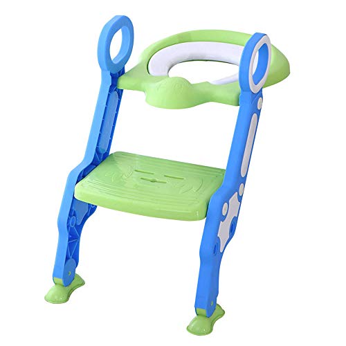 Reductor WC niños Aseo Asiento con Escalera, Orinales para niños, 2 Escalones y Agarraderas Grandes, Asiento de Entrenamiento de Inodoro Ajustable y Plegable, Azul + Verde